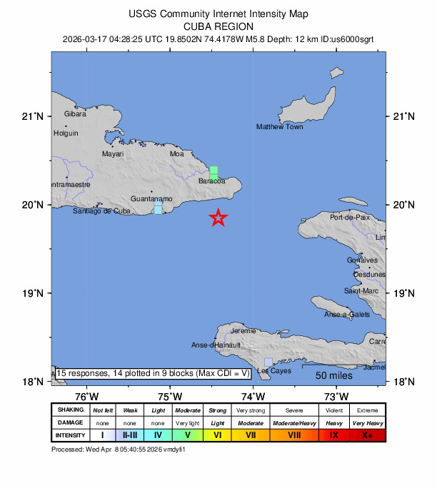 USGS DYFI community-reported intensity map for the M5.8 earthquake near 51 km SSW of Maisí, Cuba