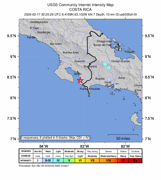 USGS DYFI community-reported intensity map for the M4.7 earthquake near 20 km S of Golfito, Costa Rica