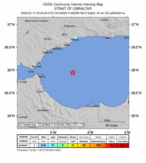 USGS DYFI community-reported intensity map for the M4.5 earthquake near 69 km SSE of Fuengirola, Spain