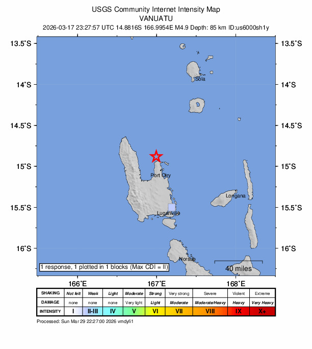 USGS DYFI community-reported intensity map for the M4.9 earthquake near 19 km NNW of Port-Olry, Vanuatu