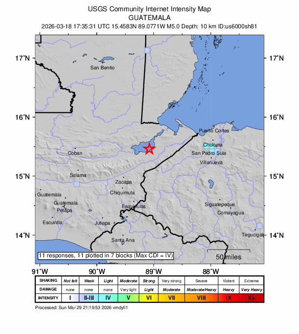 USGS DYFI community-reported intensity map for the M5.0 earthquake near 12 km N of Los Amates, Guatemala