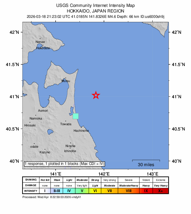 USGS DYFI community-reported intensity map for the M4.6 earthquake near 49 km E of Yokohama, Japan