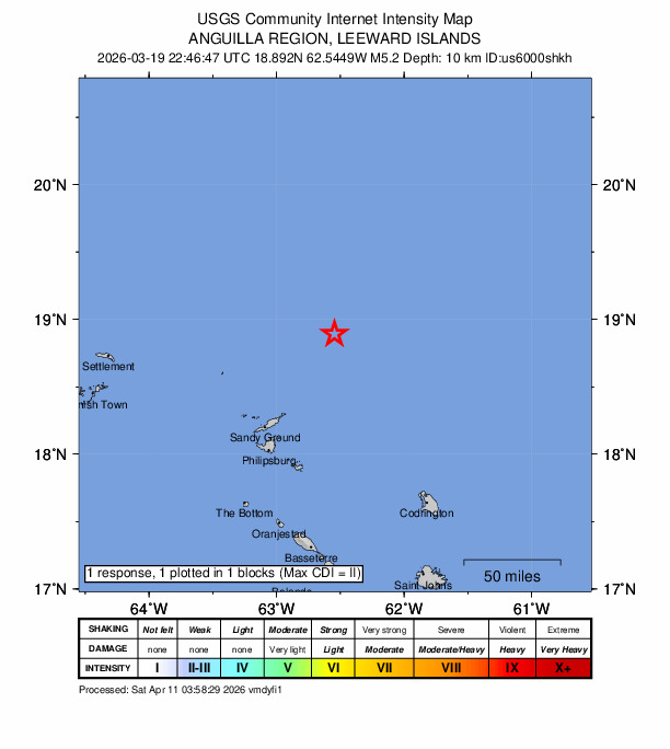 USGS DYFI community-reported intensity map for the M5.2 earthquake near 92 km NE of The Valley, Anguilla