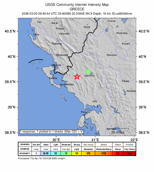 USGS DYFI community-reported intensity map for the M4.9 earthquake near 14 km N of Paramythiá, Greece