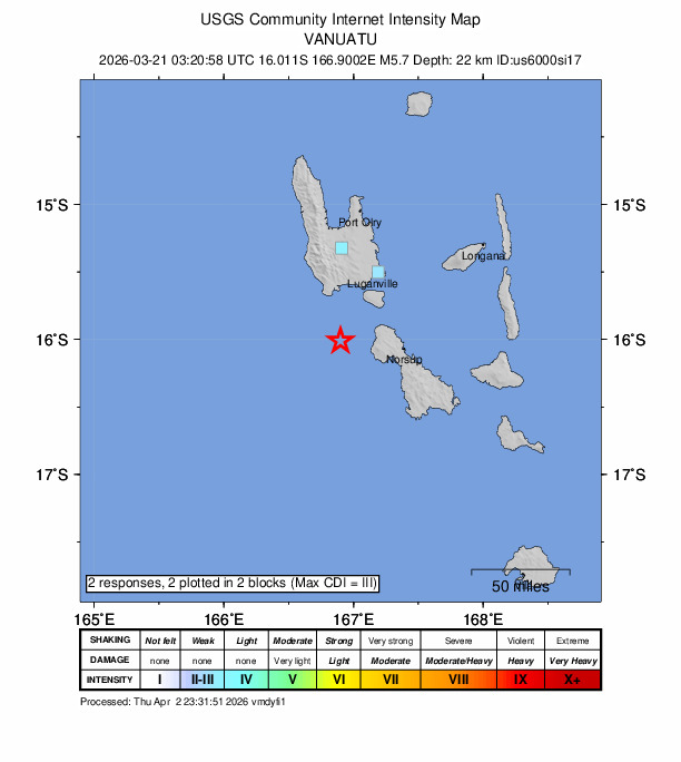 USGS DYFI community-reported intensity map for the M5.7 earthquake near 51 km W of Norsup, Vanuatu