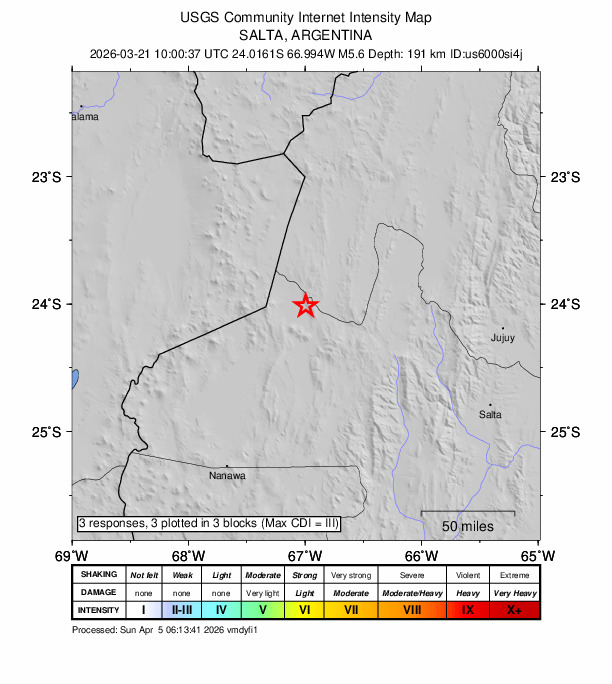 USGS DYFI community-reported intensity map for the M5.6 earthquake near 82 km WNW of San Antonio de los Cobres, Argentina