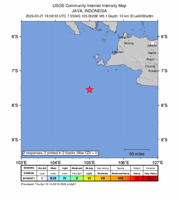 USGS DYFI community-reported intensity map for the M5.1 earthquake near 158 km SW of Labuan, Indonesia