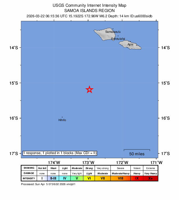 USGS DYFI community-reported intensity map for the M6.2 earthquake near 121 km NE of Hihifo, Tonga