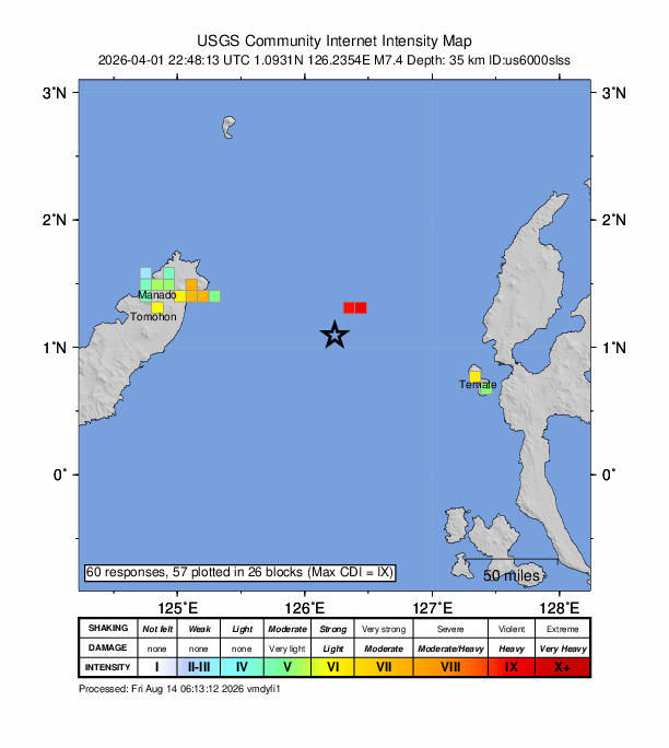 USGS DYFI community-reported intensity map for the M7.4 earthquake near 129 km ESE of Bitung, Indonesia