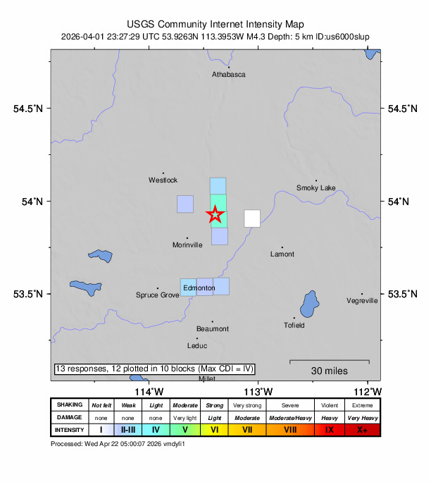 USGS DYFI community-reported intensity map for the M4.3 earthquake near 10 km N of Bon Accord, Canada