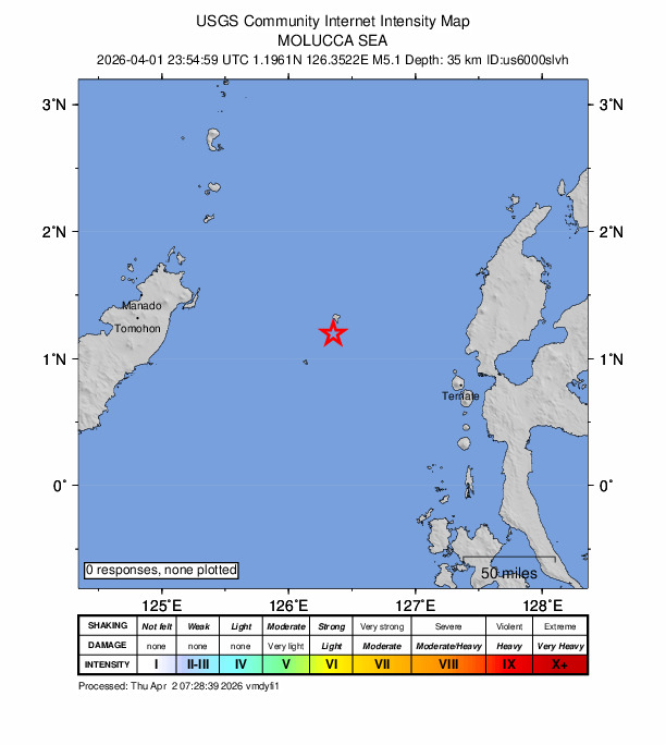 USGS DYFI community-reported intensity map for the M5.2 earthquake near 128 km WNW of Ternate, Indonesia