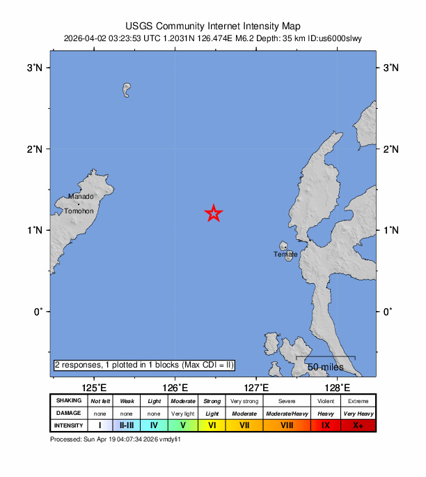 USGS DYFI community-reported intensity map for the M6.2 earthquake near 111 km WNW of Ternate, Indonesia