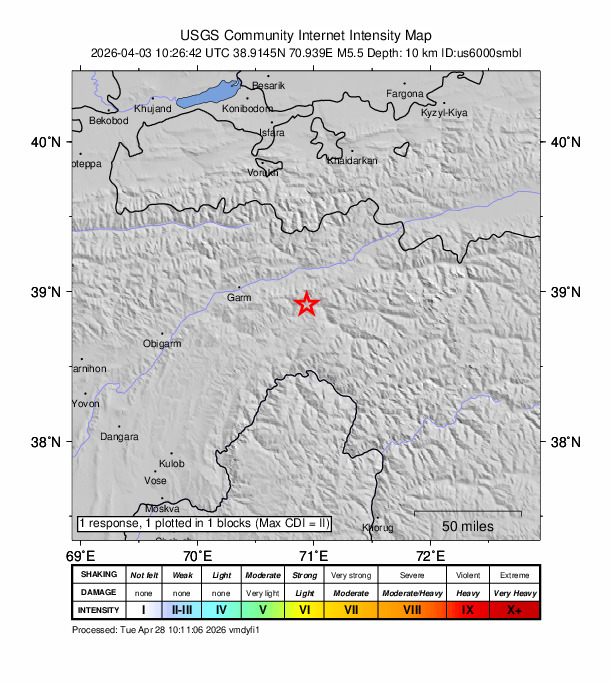 USGS DYFI community-reported intensity map for the M5.5 earthquake near 50 km ESE of Rasht, Tajikistan