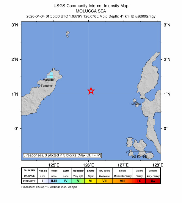 USGS DYFI community-reported intensity map for the M5.6 earthquake near 112 km ESE of Bitung, Indonesia