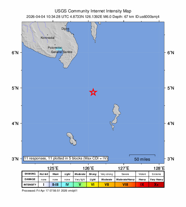 USGS DYFI community-reported intensity map for the M6.0 earthquake near 95 km SE of Sarangani, Philippines