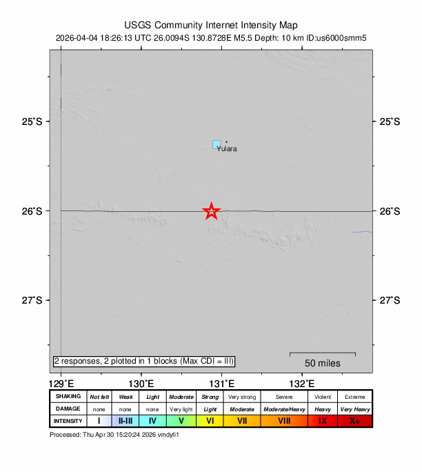 USGS DYFI community-reported intensity map for the M5.5 earthquake near 82 km SSW of Yulara, Australia