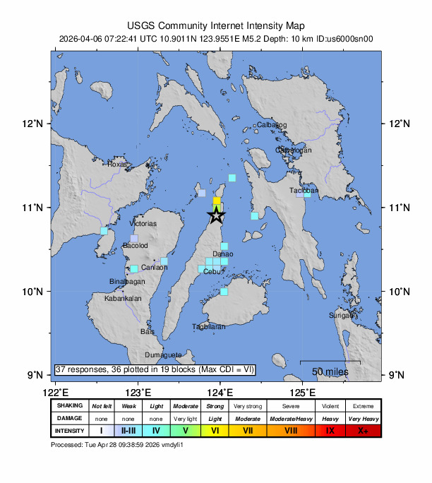 USGS DYFI community-reported intensity map for the M5.2 earthquake near 1 km WSW of Ilihan, Philippines