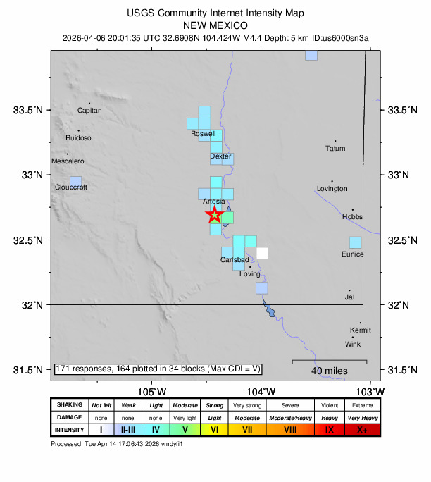 USGS DYFI community-reported intensity map for the M4.4 earthquake near 9 km SSW of Atoka, New Mexico
