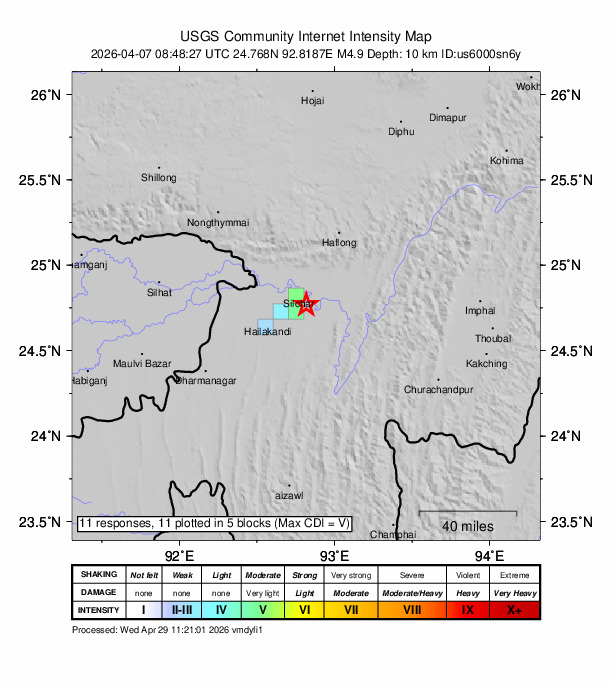 USGS DYFI community-reported intensity map for the M4.9 earthquake near 6 km SSE of Silchar, India