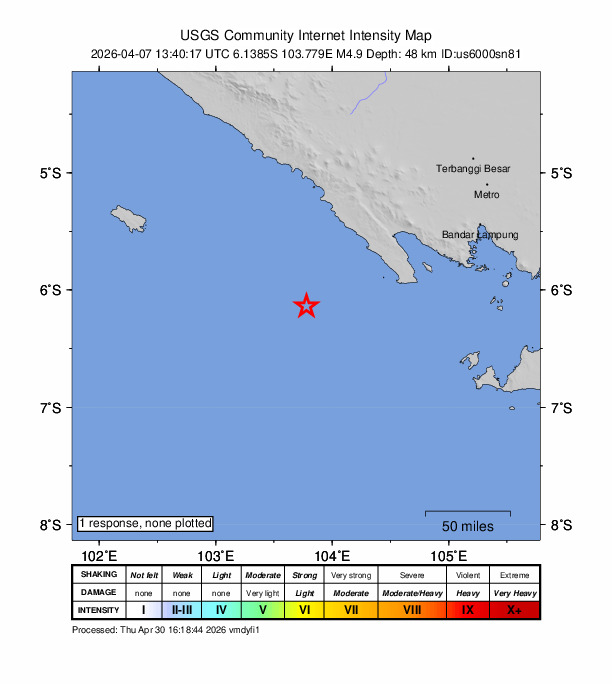 USGS DYFI community-reported intensity map for the M4.9 earthquake near 181 km WSW of Bandar Lampung, Indonesia