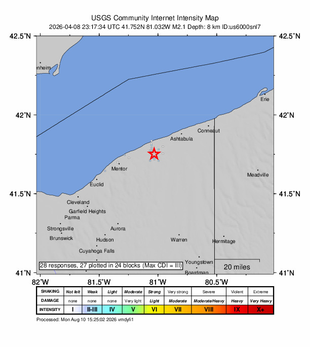 USGS DYFI community-reported intensity map for the M2.1 earthquake near 2 km SE of Madison, Ohio