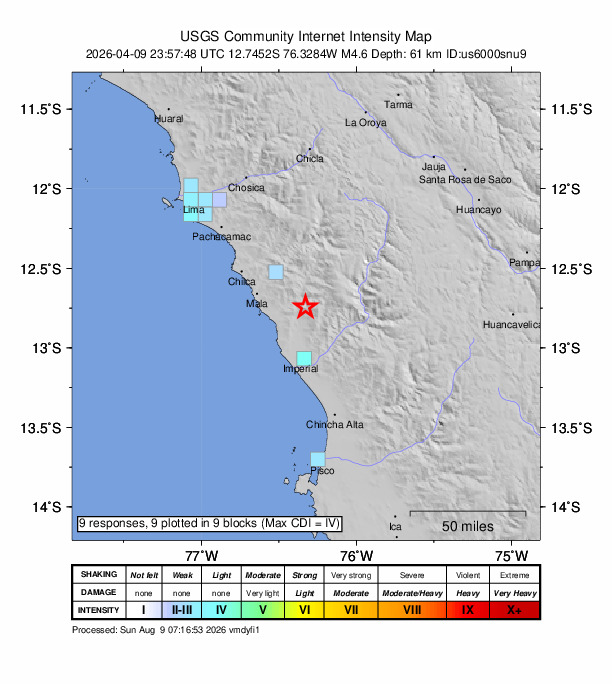 USGS DYFI community-reported intensity map for the M4.6 earthquake near 15 km E of Coayllo, Peru