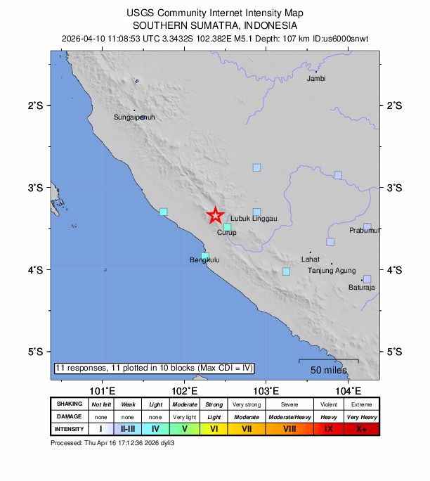 USGS DYFI community-reported intensity map for the M5.0 earthquake near 14 km NNW of Curup, Indonesia