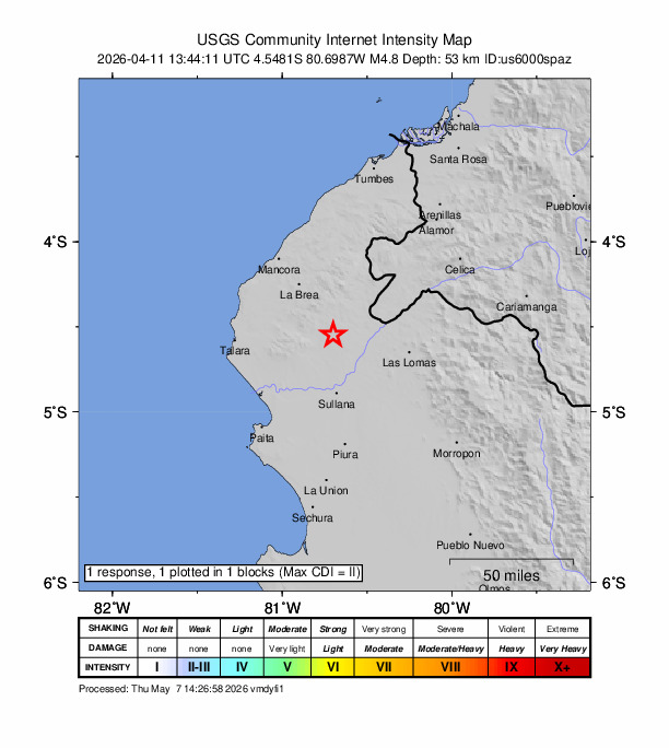 USGS DYFI community-reported intensity map for the M4.8 earthquake near 32 km N of Querecotillo, Peru