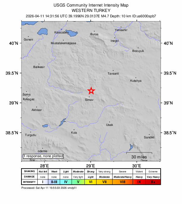 USGS DYFI community-reported intensity map for the M4.8 earthquake near 16 km N of Simav, Turkey
