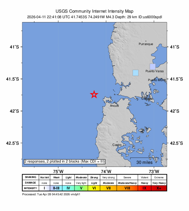 USGS DYFI community-reported intensity map for the M4.3 earthquake near 37 km WNW of Ancud, Chile
