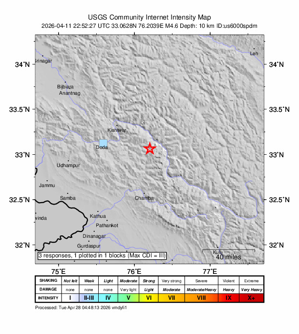 USGS DYFI community-reported intensity map for the M4.6 earthquake near 46 km ENE of Bhadarwāh, India