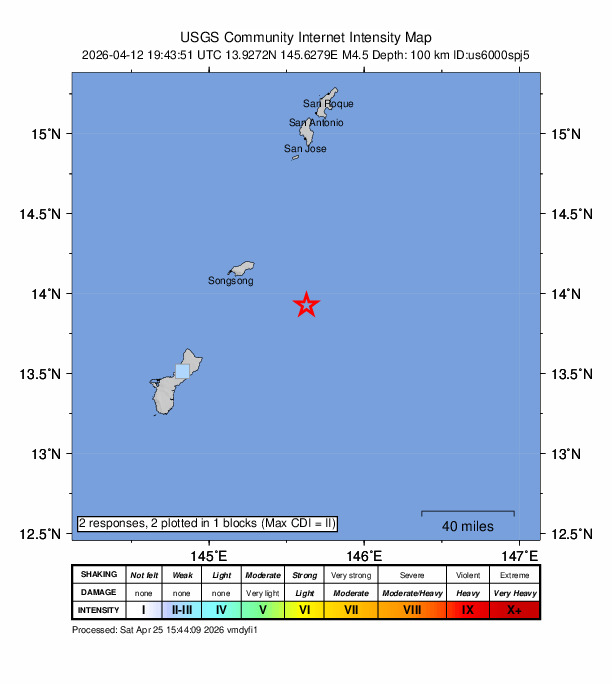 USGS DYFI community-reported intensity map for the M4.5 earthquake near 90 km ENE of Yigo Village, Guam