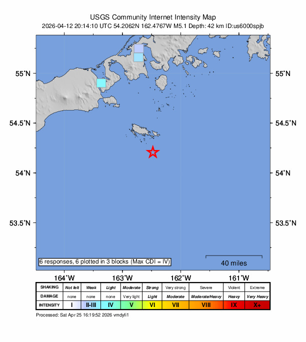 USGS DYFI community-reported intensity map for the M5.1 earthquake near 93 km S of King Cove, Alaska