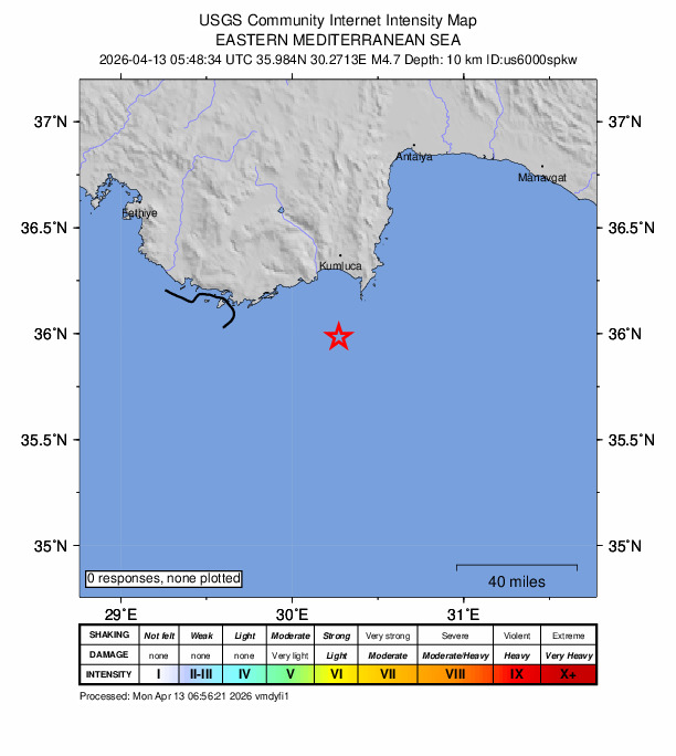 USGS DYFI community-reported intensity map for the M4.6 earthquake near 34 km SSE of Finike, Turkey