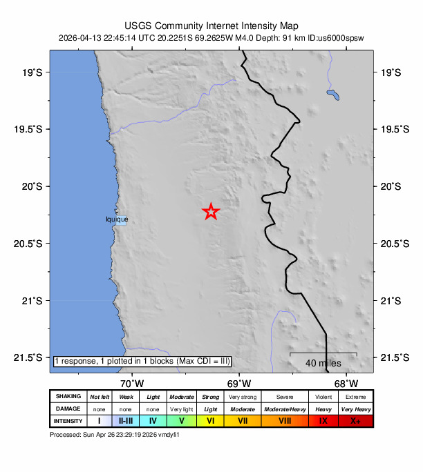 USGS DYFI community-reported intensity map for the M4.0 earthquake near 42 km ENE of La Tirana, Chile