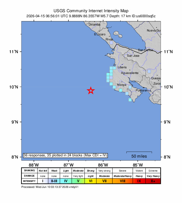 USGS DYFI community-reported intensity map for the M5.7 earthquake near 72 km SW of Tamarindo, Costa Rica
