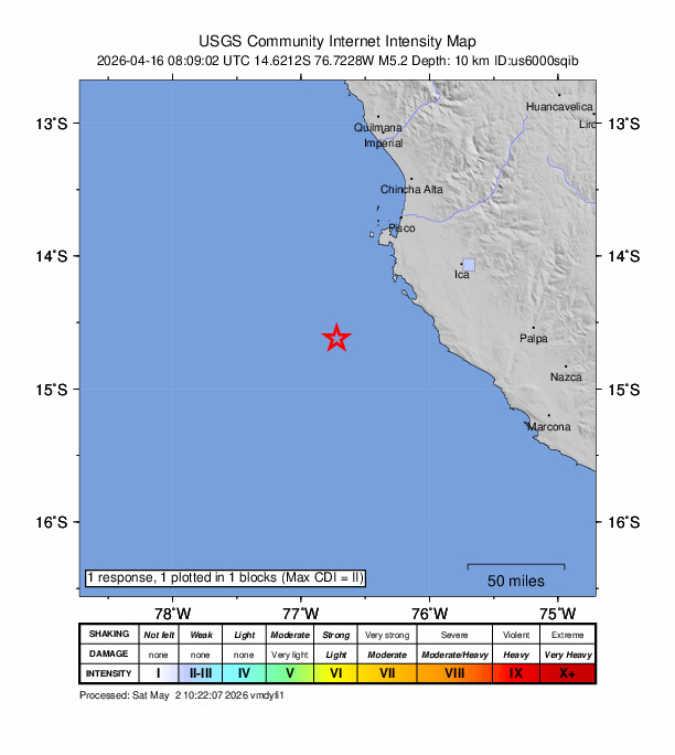 USGS DYFI community-reported intensity map for the M5.0 earthquake near 96 km SSW of Paracas, Peru