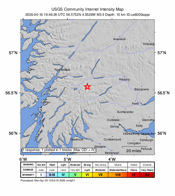 USGS DYFI community-reported intensity map for the M3.5 earthquake near 42 km WNW of Comrie, United Kingdom