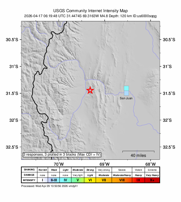 USGS DYFI community-reported intensity map for the M4.8 earthquake near 16 km SE of Calingasta, Argentina