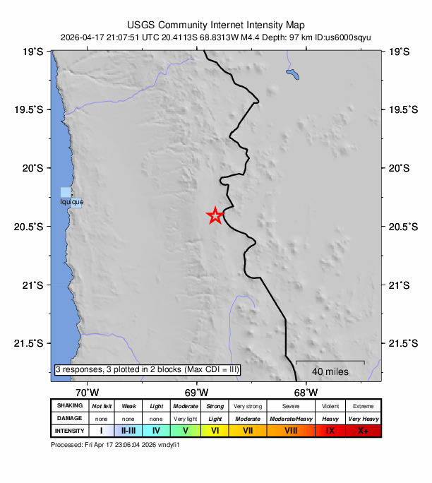 USGS DYFI community-reported intensity map for the M4.3 earthquake near 95 km E of La Tirana, Chile