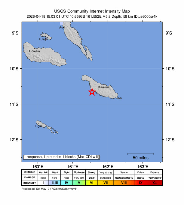 USGS DYFI community-reported intensity map for the M5.8 earthquake near 46 km WSW of Kirakira, Solomon Islands