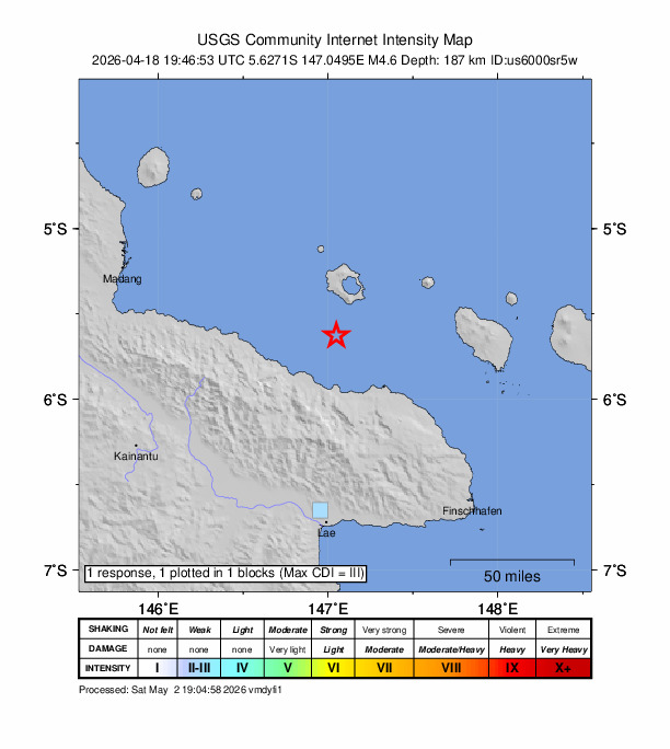 USGS DYFI community-reported intensity map for the M4.6 earthquake near 121 km N of Lae, Papua New Guinea