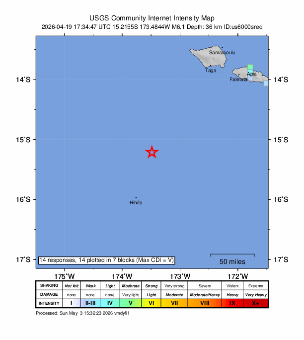 USGS DYFI community-reported intensity map for the M6.1 earthquake near 88 km NNE of Hihifo, Tonga