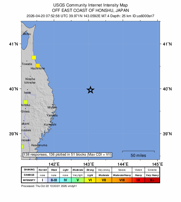 USGS DYFI community-reported intensity map for the M7.4 earthquake near 102 km ENE of Miyako, Japan