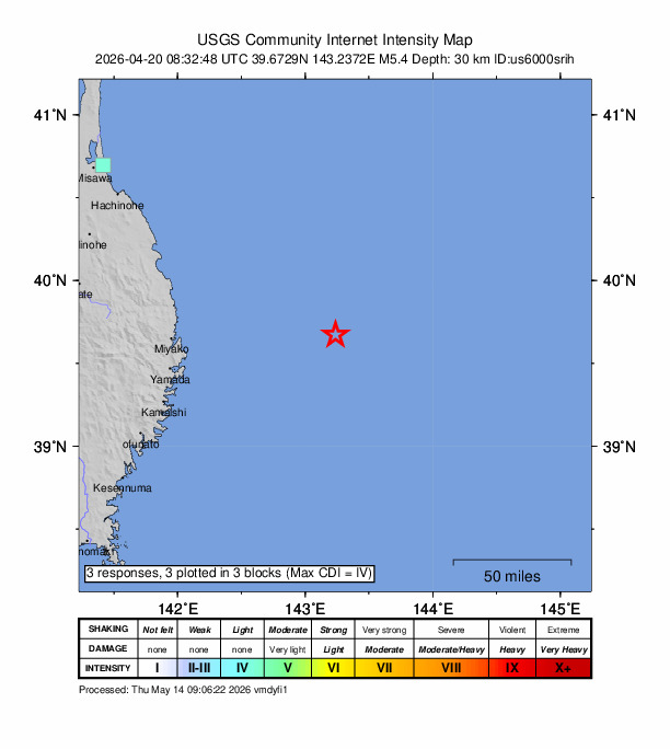 USGS DYFI community-reported intensity map for the M5.4 earthquake near 111 km E of Miyako, Japan