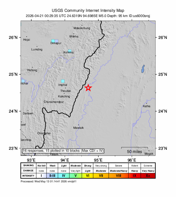 USGS DYFI community-reported intensity map for the M5.0 earthquake near 64 km E of Wāngjing, India