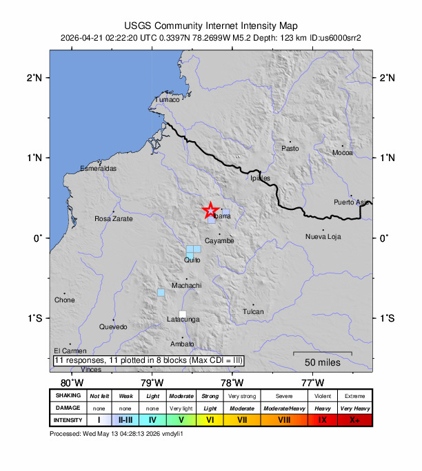 USGS DYFI community-reported intensity map for the M5.2 earthquake near 4 km N of Cotacachi, Ecuador