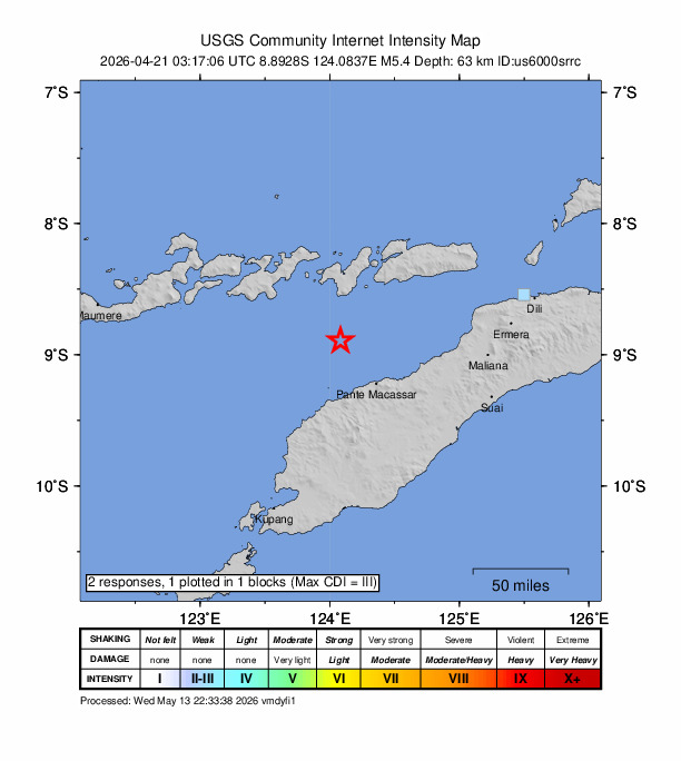USGS DYFI community-reported intensity map for the M5.4 earthquake near 47 km NW of Pante Makasar, Timor Leste