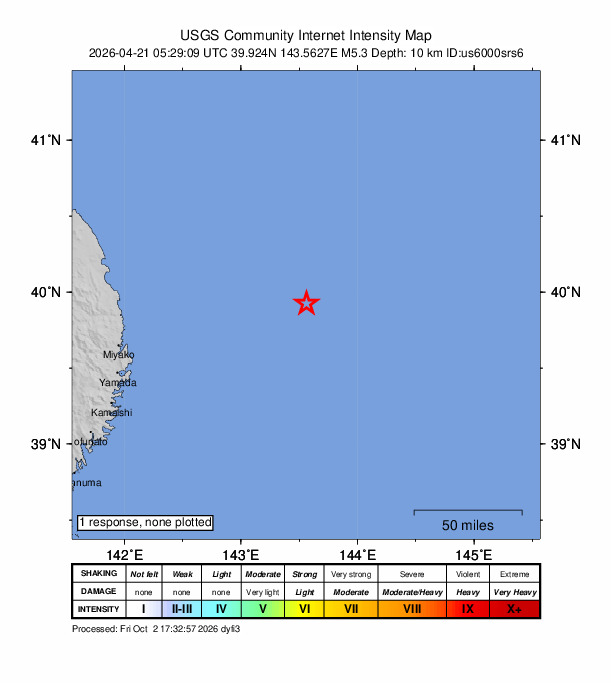 USGS DYFI community-reported intensity map for the M5.3 earthquake near 142 km ENE of Miyako, Japan
