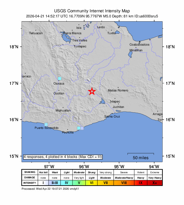 USGS DYFI community-reported intensity map for the M4.9 earthquake near 12 km SSW of Santiago Quiavicuzas, Mexico